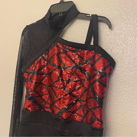 WEISSMAN Dance costume red sequin one sleeve Electricity 12208 XLC child - Picture 4 of 12